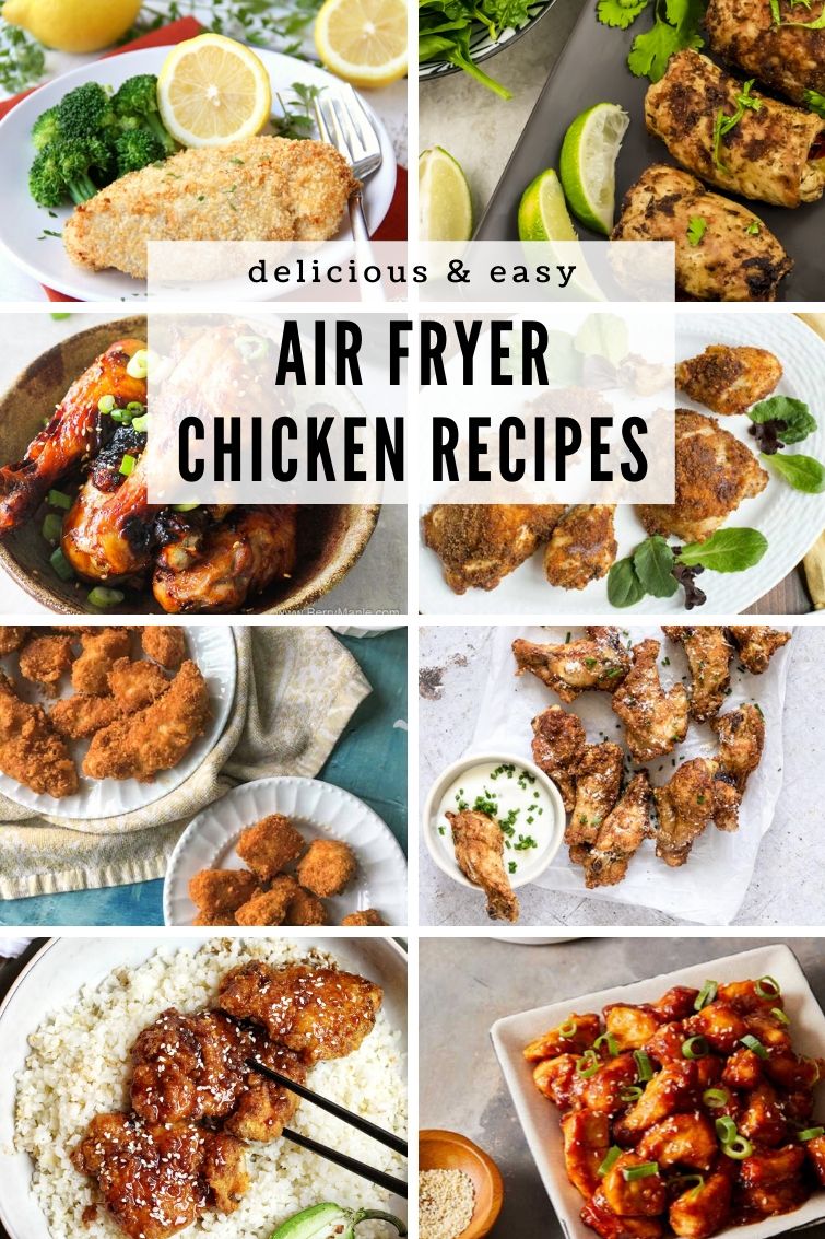 collage of 8 different air fryer chicken recipes