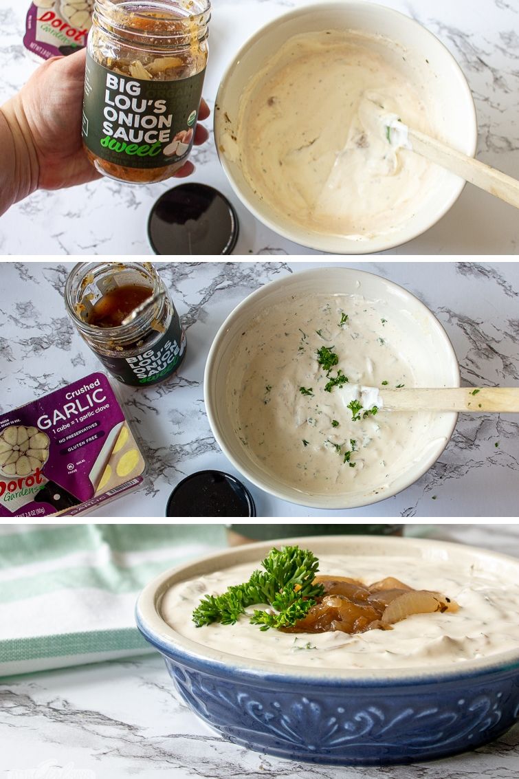 making homemade French onion dip with sauteed onions