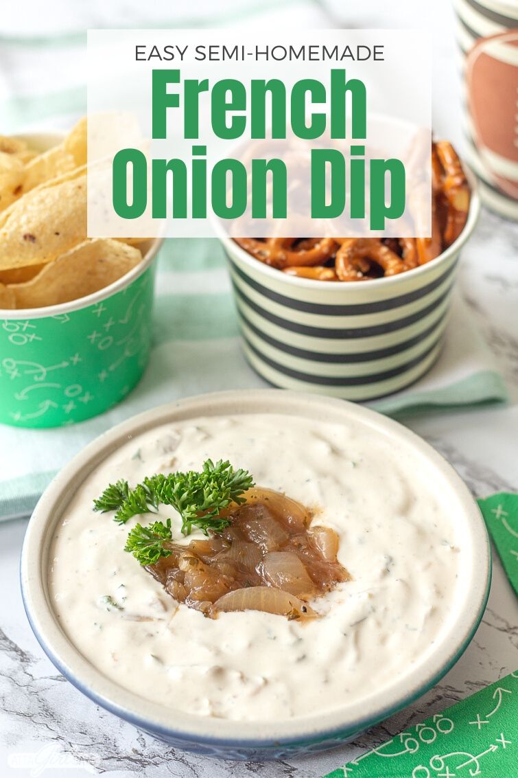 bowl of french onion dip with pretzels and tortilla chips for a football party