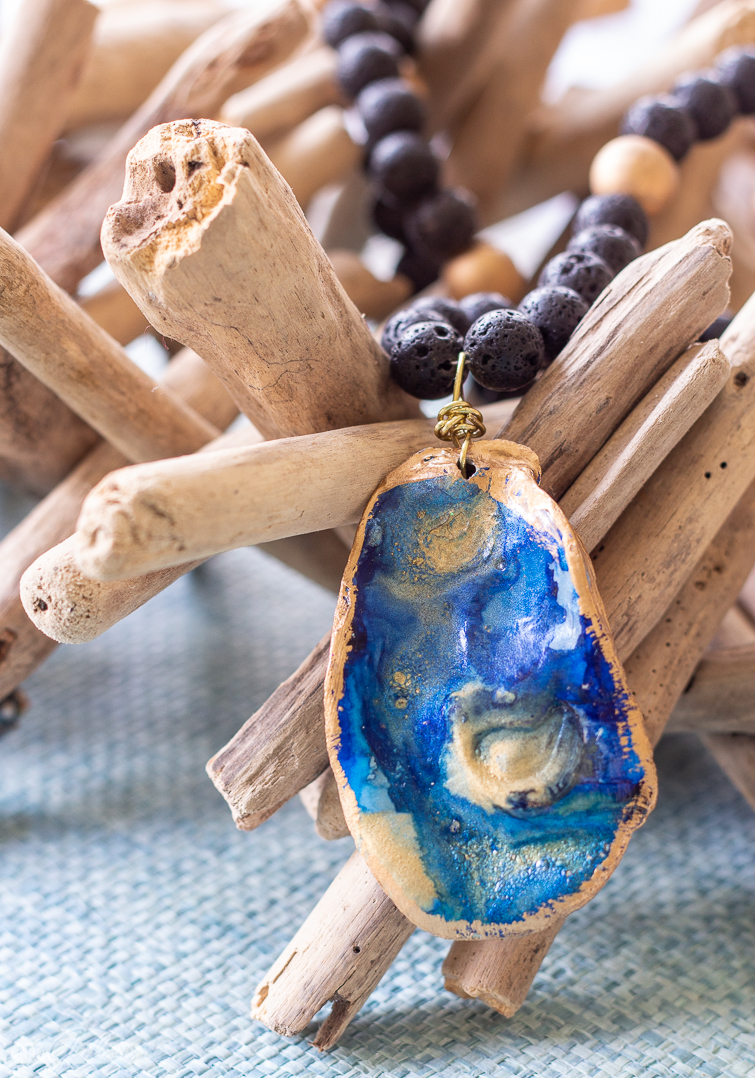 blue and gold alcohol ink oyster shell necklace
