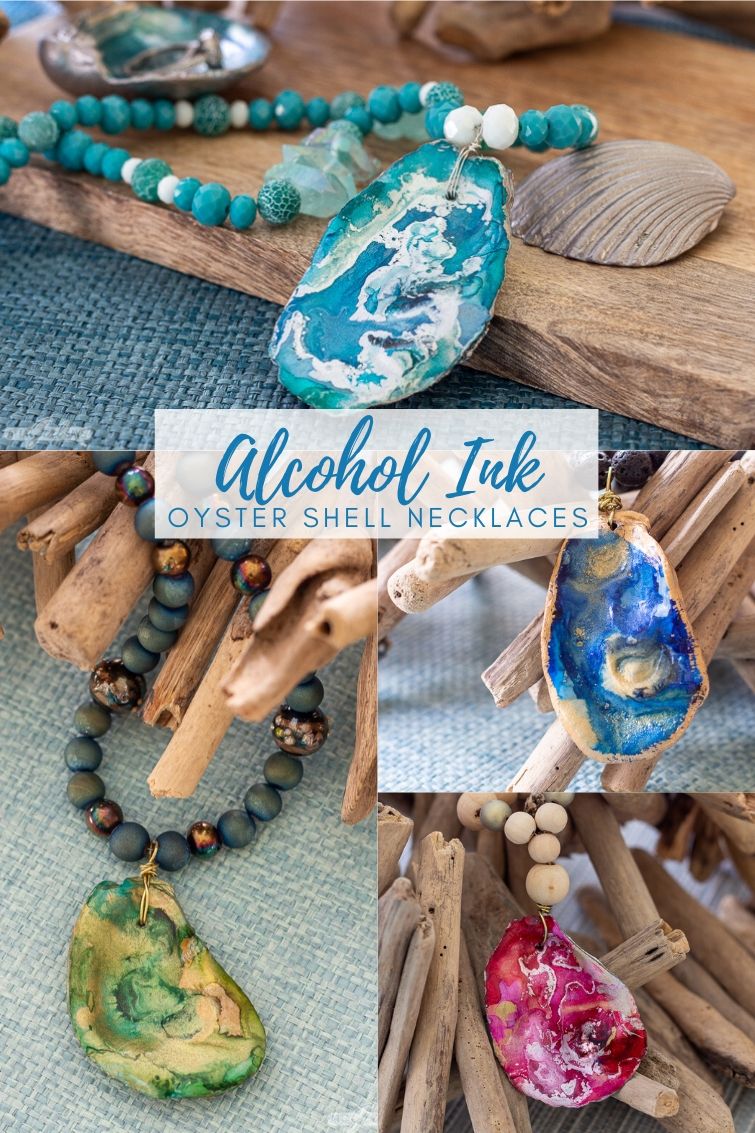 collage with four beaded oyster shell necklaces made using alcohol inks