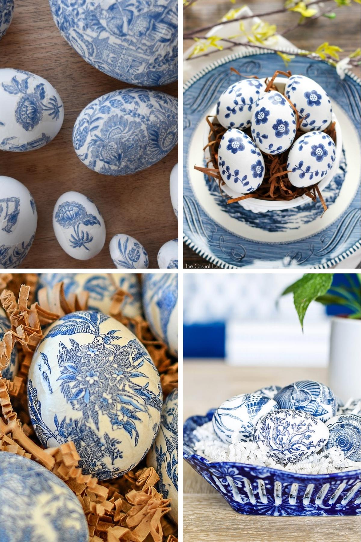 four different blue and white decoupaged Easter eggs
