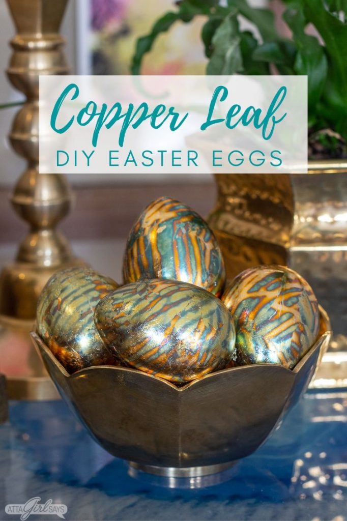 copper leaf Easter eggs in a brass bowl