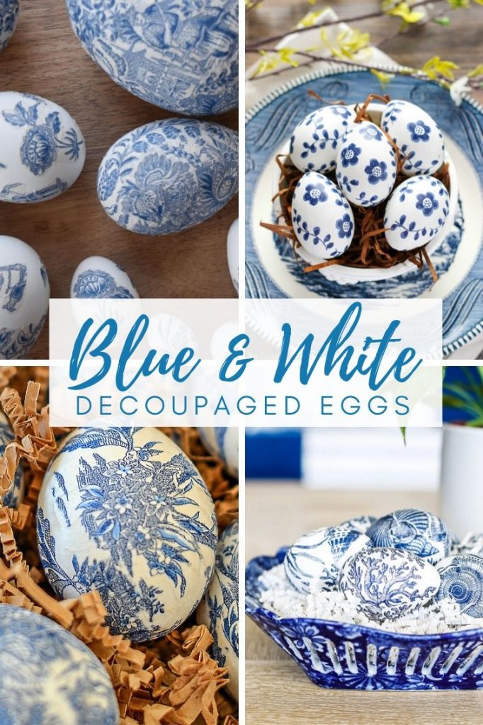 collage of four different blue and white decoupaged Easter eggs made using napkins
