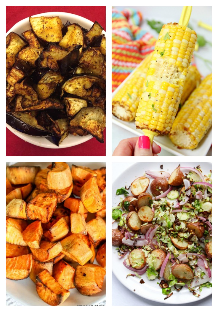 corn on the cob, roasted eggplant and squash and vegetable hash