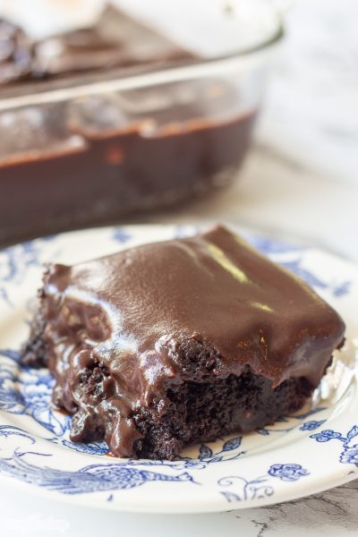 iced chocolate brownie on a blute and white plate with a pan of brownies