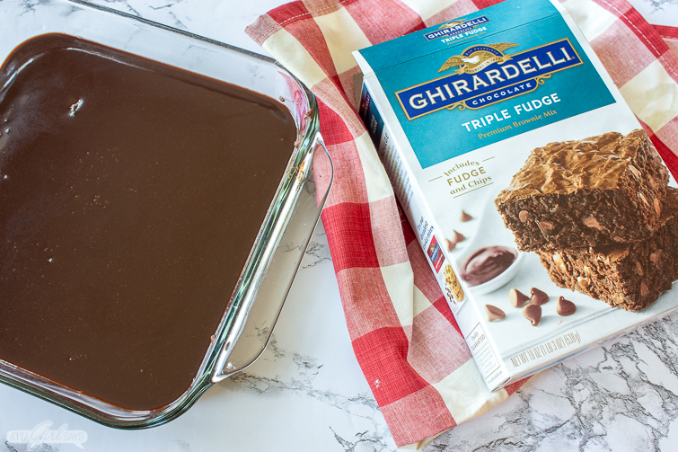 Ghiardelli triple fudge brownies with a pour-over homemade chocolate icing