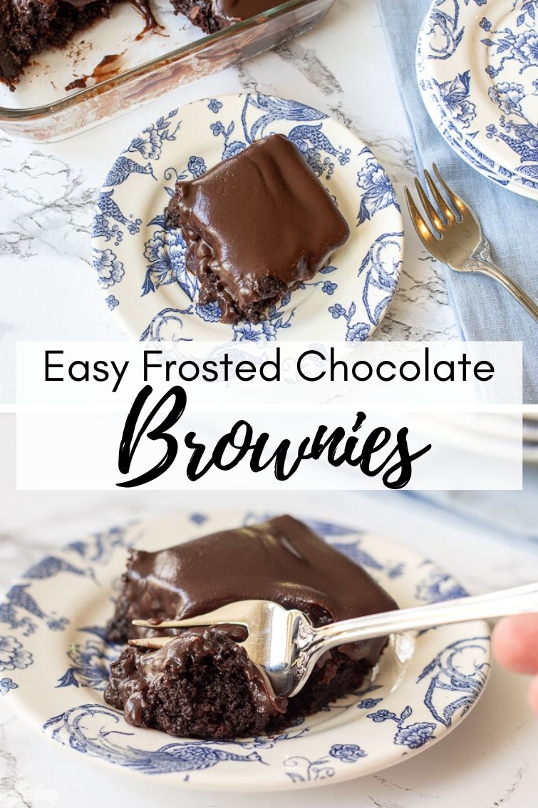 gooey chocolate brownies with homemade chocolate icing on a blue and white plate