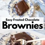 gooey chocolate brownies with homemade chocolate icing on a blue and white plate