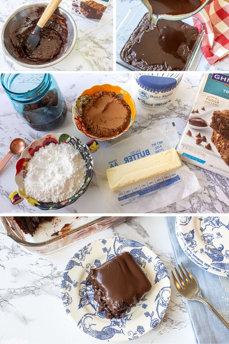 collage photo showing how to make moist iced chocolate brownies from a mix