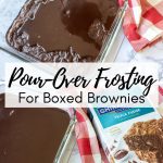 gooey chocolate brownies with homemade chocolate icing on a blue and white plate