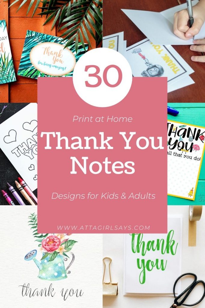 collage showing printable thank you cards for kids and adults
