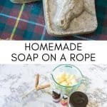 collage image showing how to make melt and pour soap on a rope