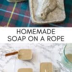 collage image showing how to make melt and pour soap on a rope