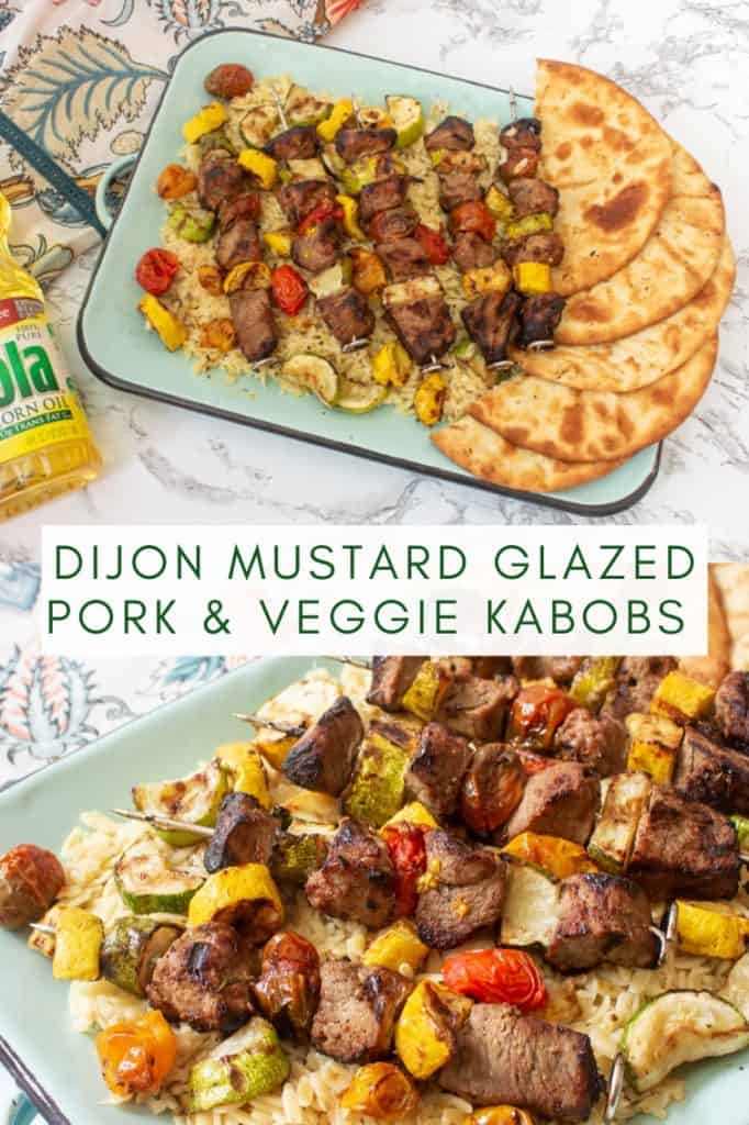 collage image of dijon marinated pork kabobs with vegetables