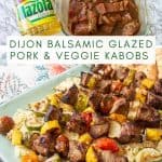 collage image of dijon marinated pork kabobs with vegetables