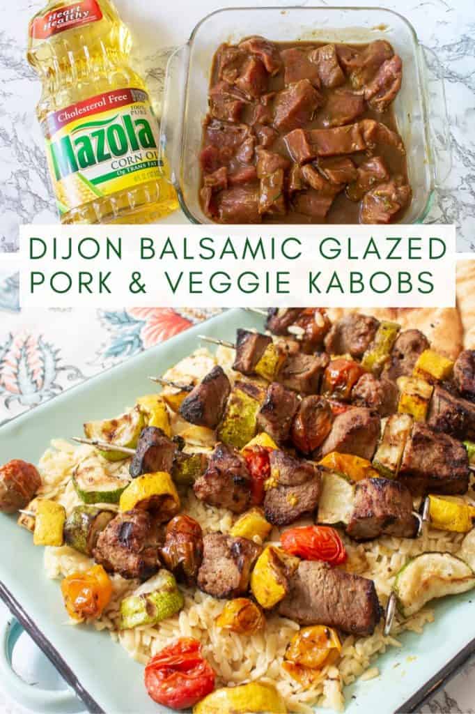 collage image of dijon marinated pork kabobs with vegetables