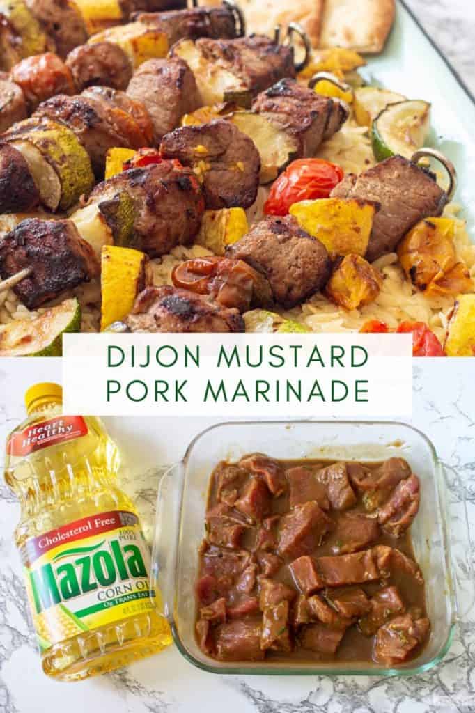 collage image of dijon marinated pork kabobs with vegetables