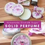 collage photo showing orchid scented solid perfume in metal tins
