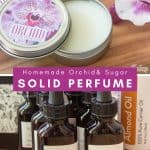 collage photo showing orchid scented solid perfume in metal tins