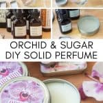 collage photo showing orchid scented solid perfume in metal tins