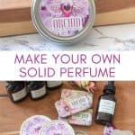 collage photo showing orchid scented solid perfume in metal tins