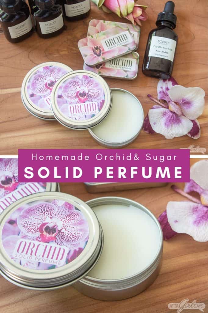collage photo showing orchid scented solid perfume in metal tins