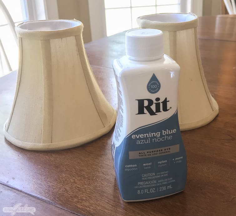 bottle of Rit Dye with two chandelier shades