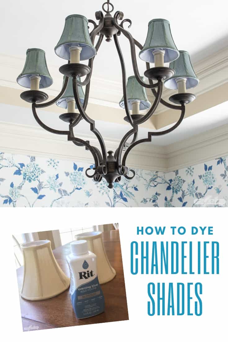 iron chandelier with dyed blue shades with a bottle of Rit Dye