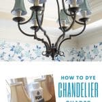 wrought iron chandelier with blue shades and a bottle of Rit Dye