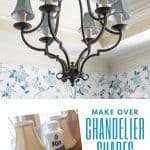 wrought iron chandelier with blue shades and a bottle of Rit Dye