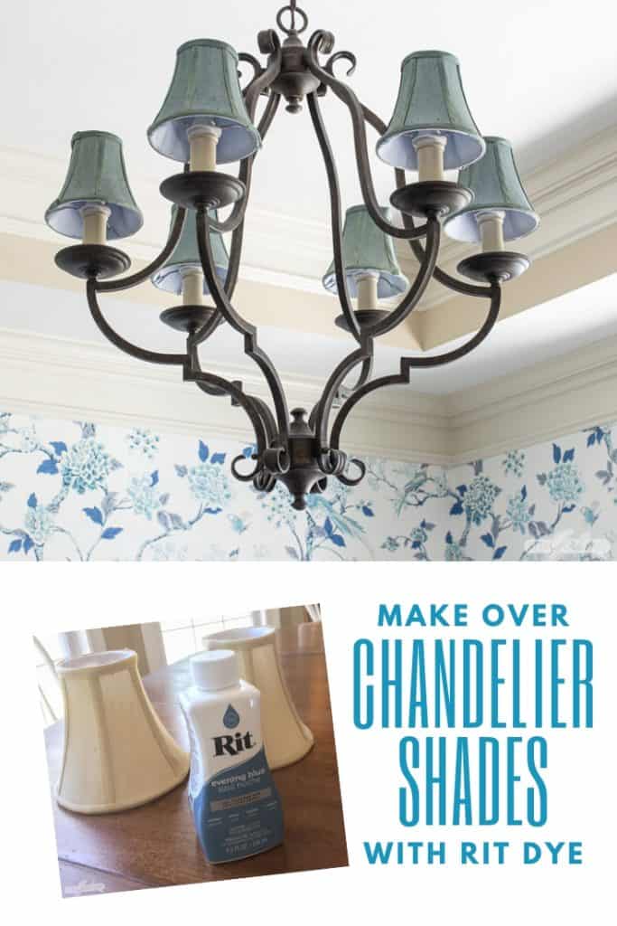 wrought iron chandelier with blue shades and a bottle of Rit Dye