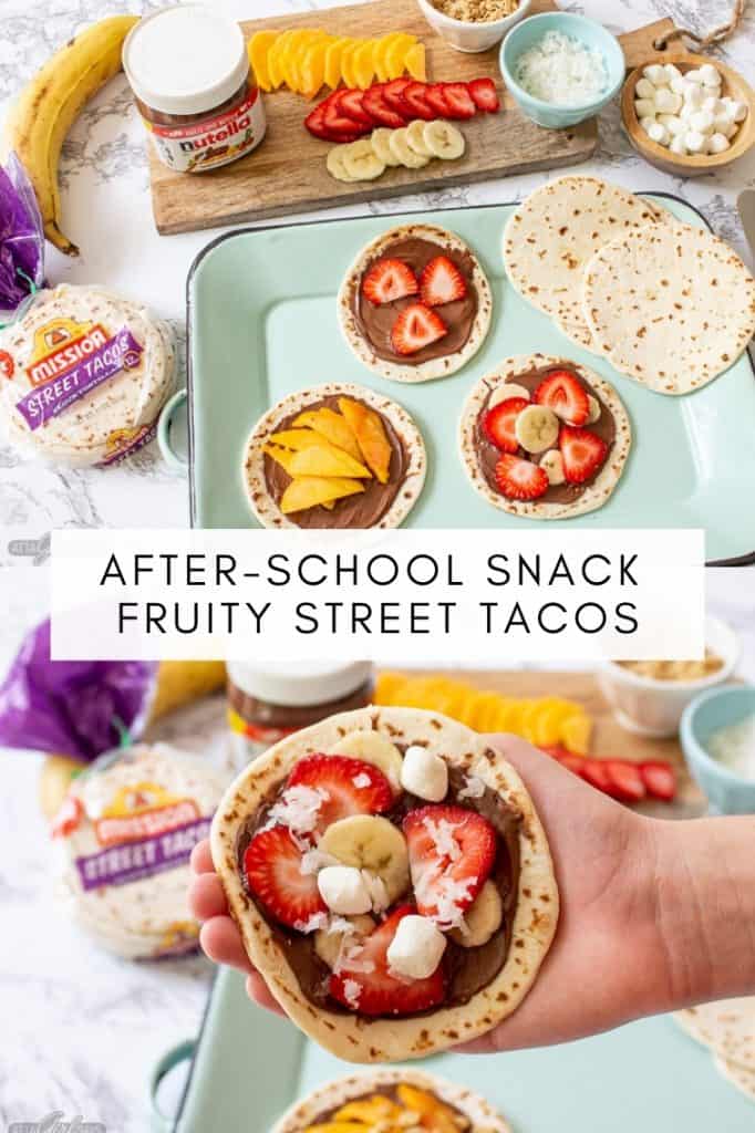 collage photo showing a dessert style street taco bar with fruit and Nutella topping