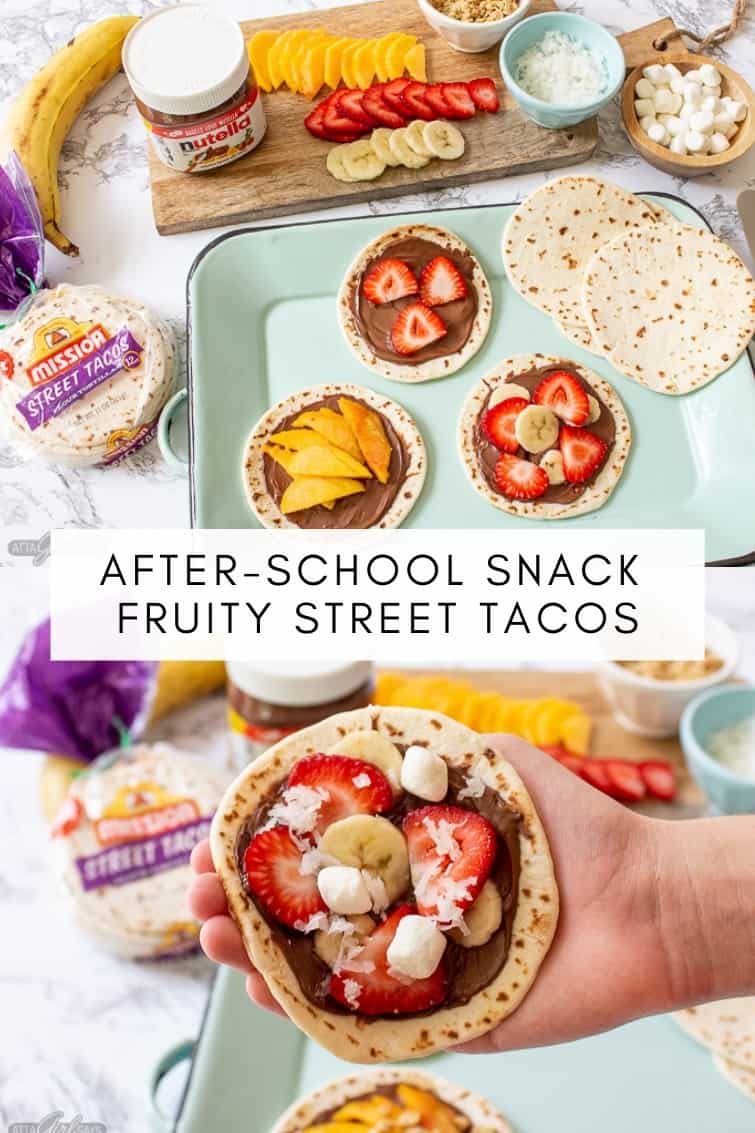collage photo showing a dessert style street taco bar with fruit and Nutella topping