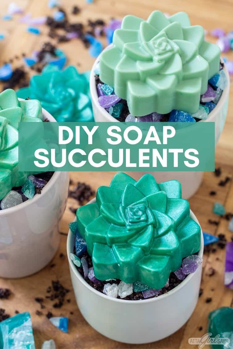 homemade succulent soap bars in planters with small crystal soap