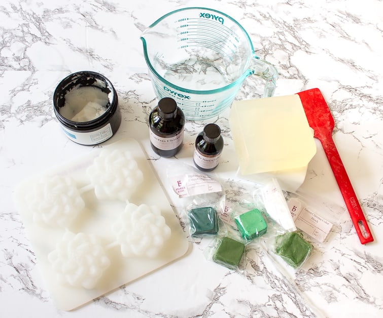 supplies to make DIY soap with a succulent mold