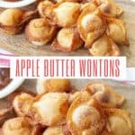 fried apple butter wontons on a wooden cutting board