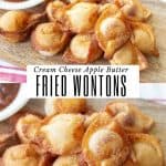 fried apple butter wontons on a wooden cutting board