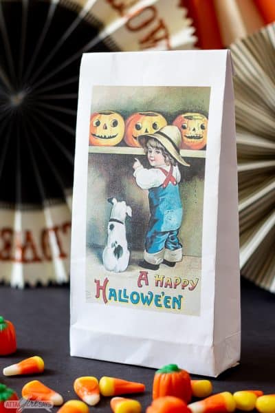 halloween treat bag with candy corn around it