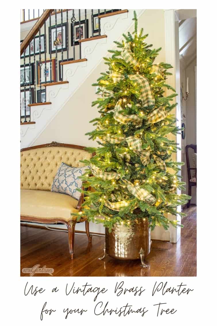 Christmas tree in a vintage brass planter beside a yellow French style settee