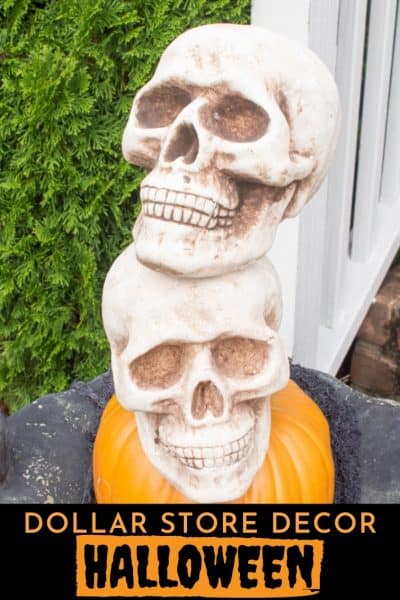 foam skull topiary in a planter