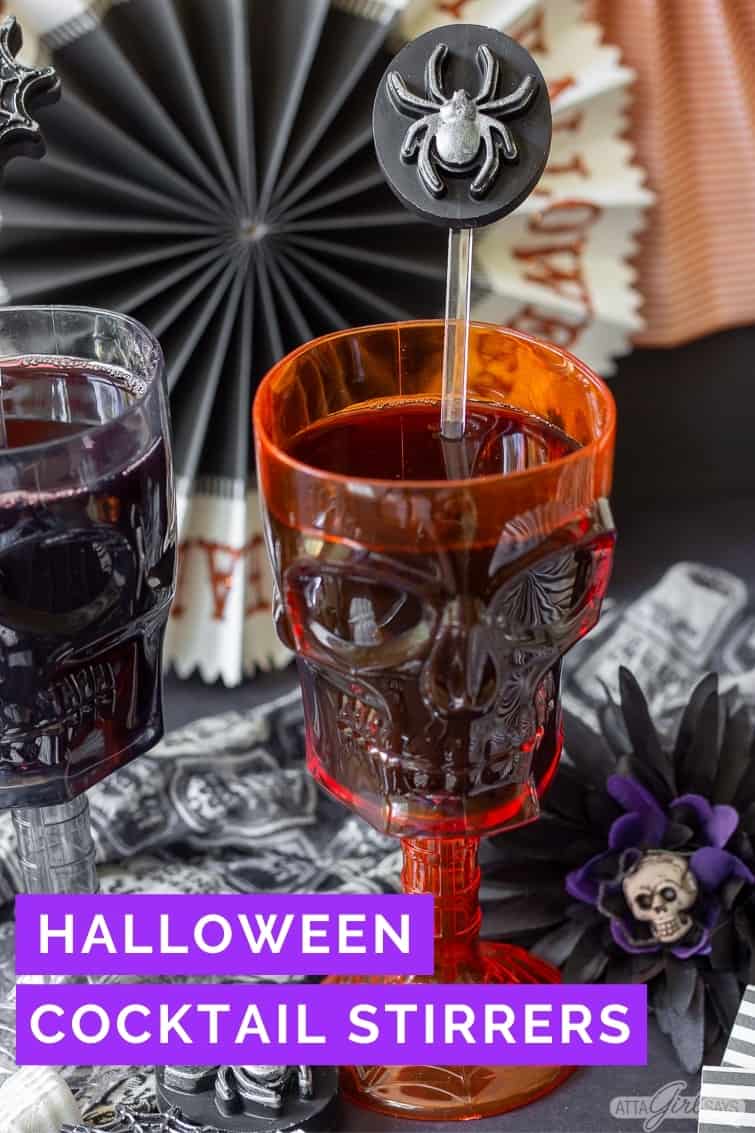resin spider Halloween cocktail stirrer in an orange skull goblet