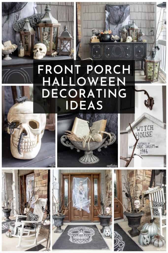 collage of black and white Halloween porch decor