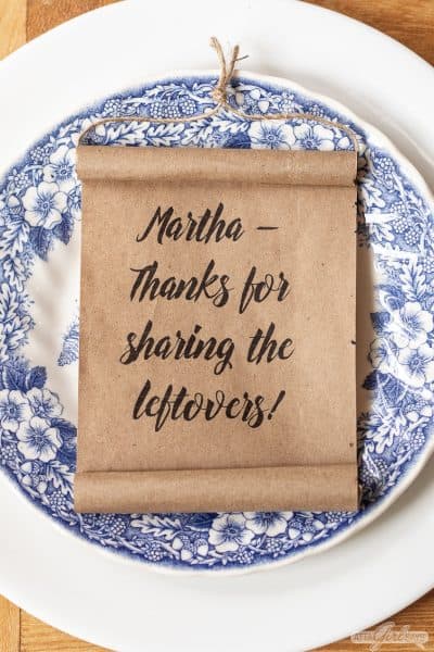 mini kraft paper scroll on a blue and white plate