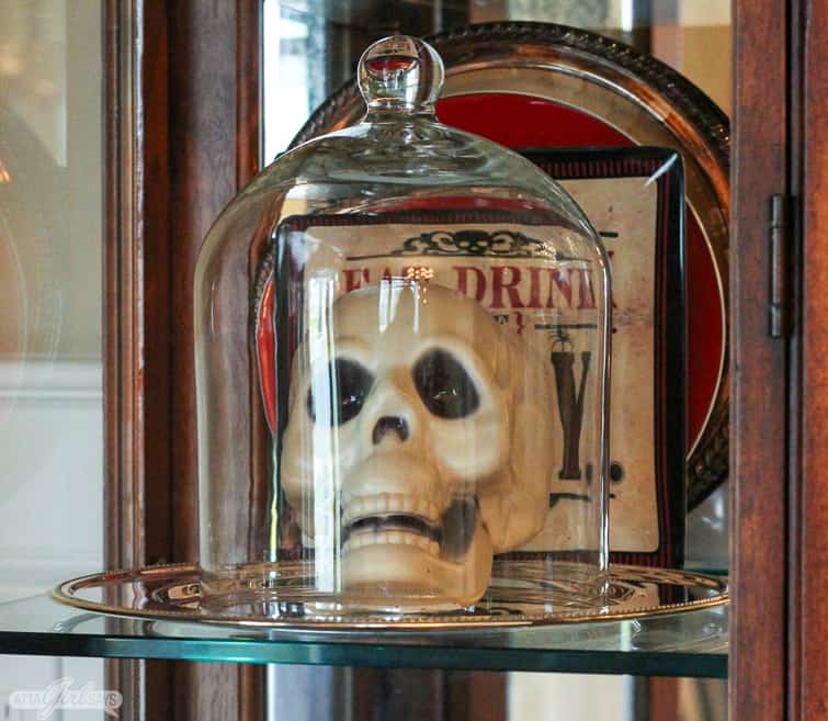 plastic skeleton under a glass cloche
