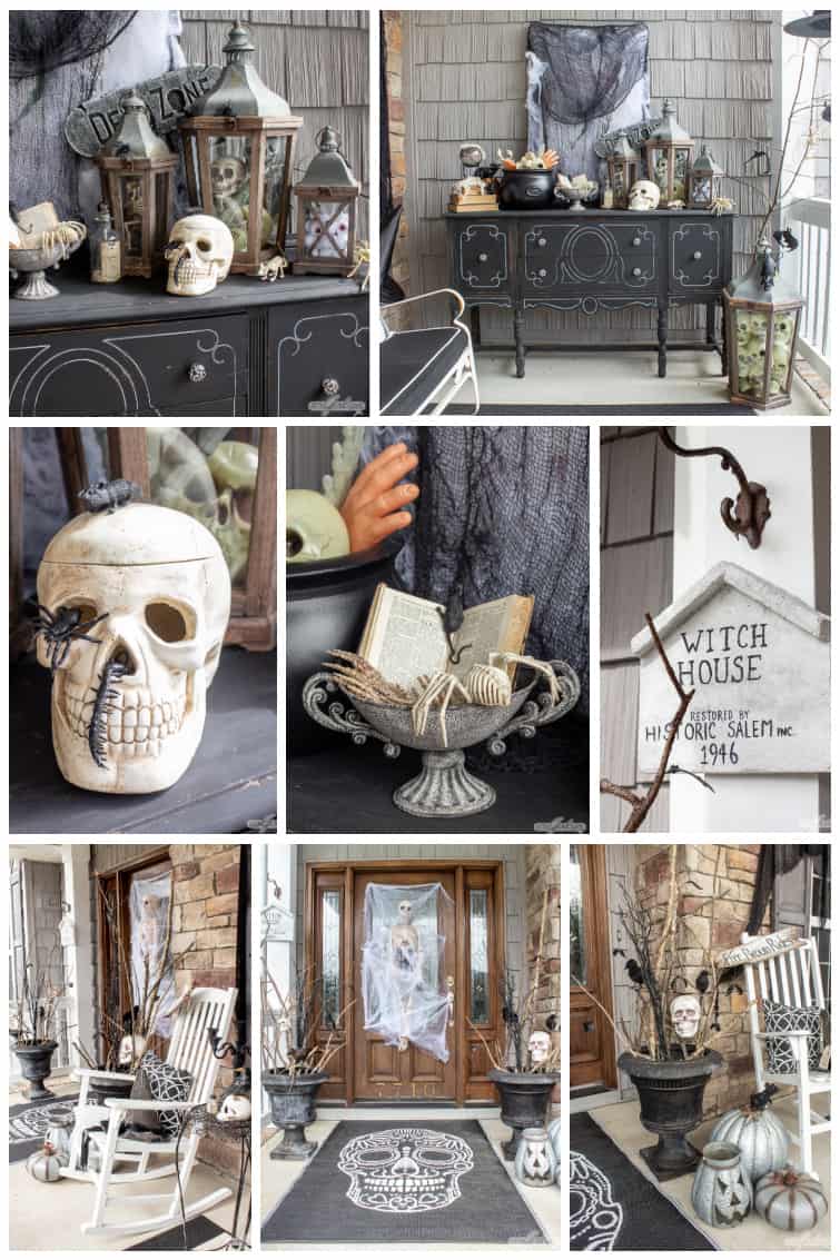 collage of black and white Halloween porch decor