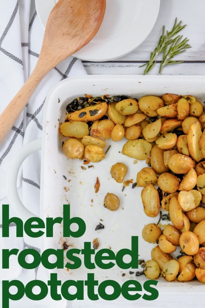 roasted small potatoes in a white casserole dish
