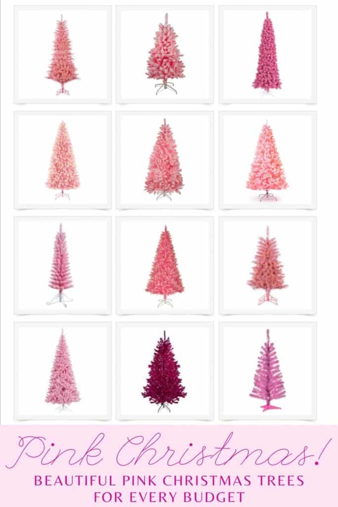 collage of pink Christmas trees on a white background