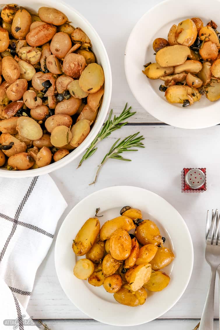 baking dish and two bowls with herb roasted potatoes