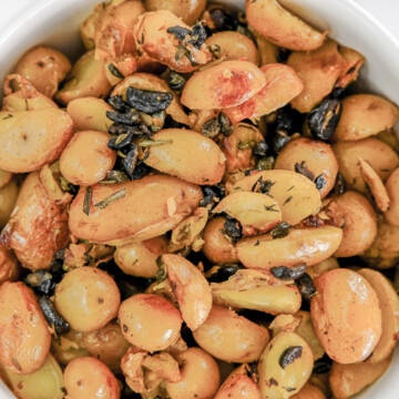 closeup of roasted potatoes in a bowl